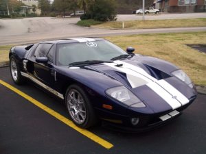 a Ford GT with vinyl racing stripes